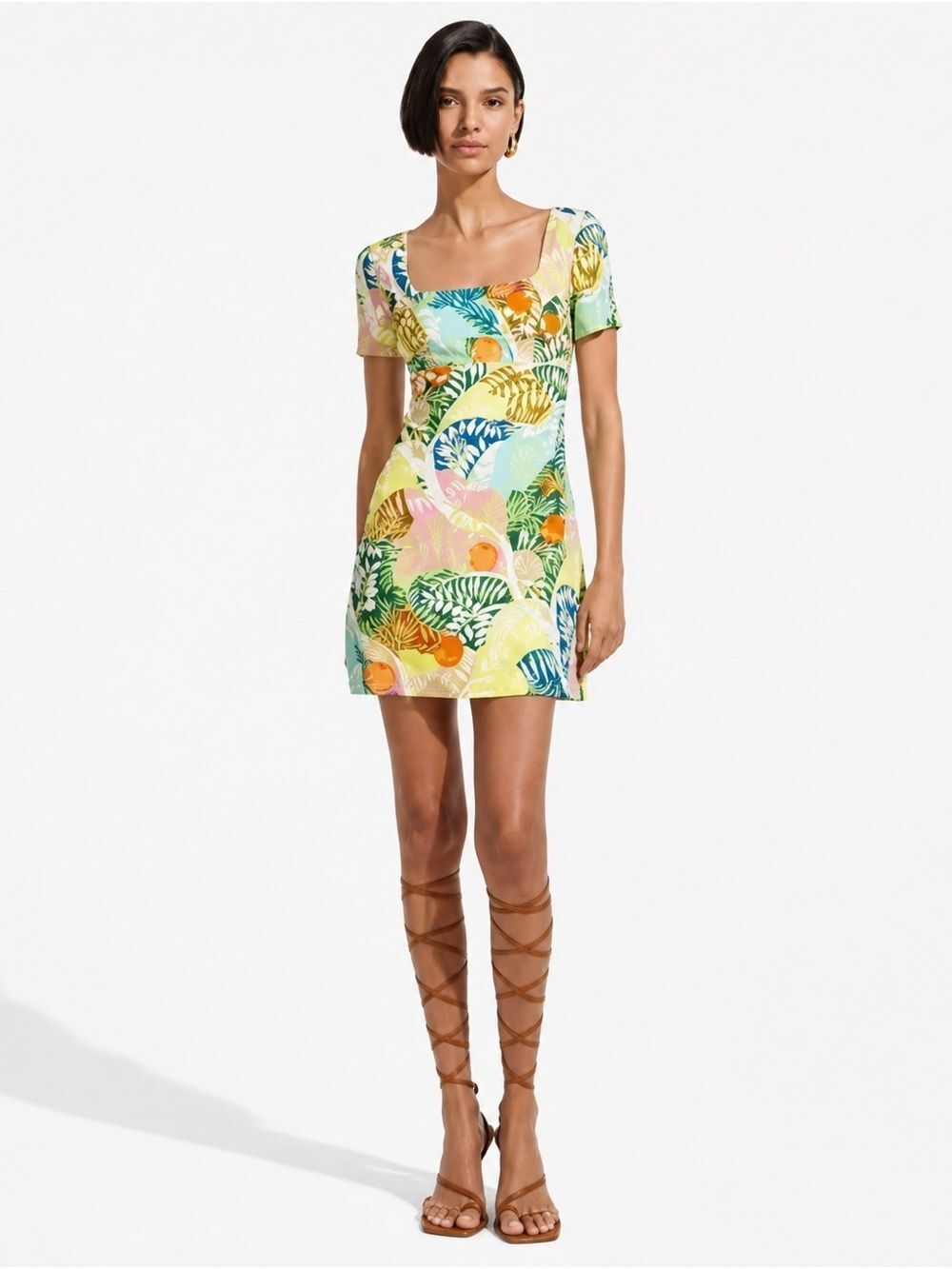 STAUD Multicolor Tropical Print Mini Dress - Green, Yellow, Blue